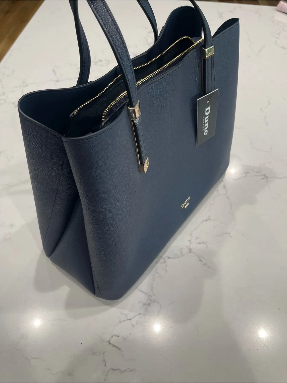 Dune London Navy Tote with Gold Hardware Accents